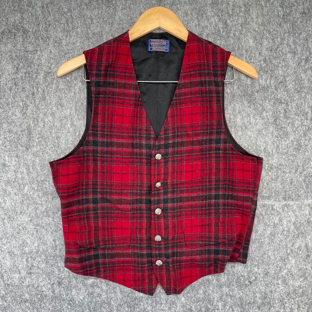 Pendleton Vest Mens 40 Red Black Plaid Wool Virgin Wool Button Front Lined